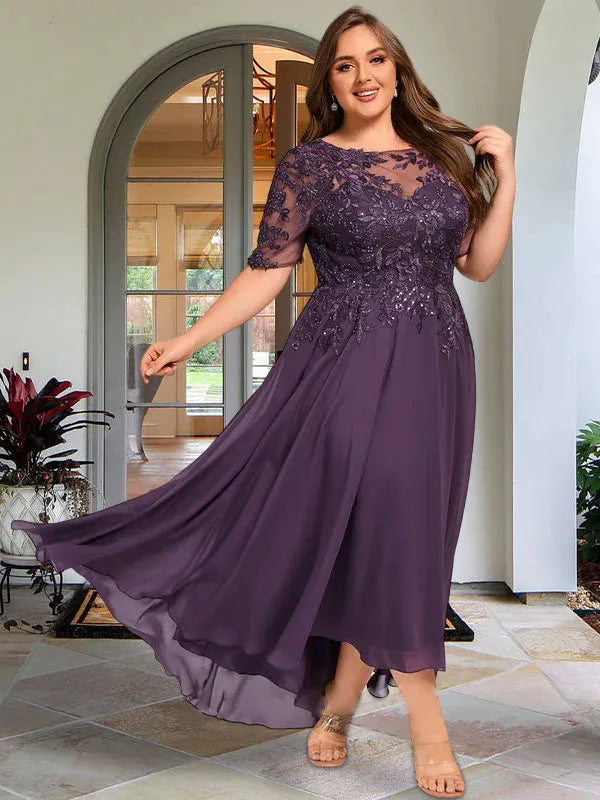 A-Linien Scoop-Ausschnitt Illusion asymmetrisches Chiffon-Spitzen-Mutter-der-Braut-Kleid mit Pailletten