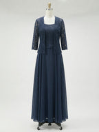 Vestido de mãe da noiva longo em chiffon de renda, corte em linha A e decote quadrado com lantejoulas