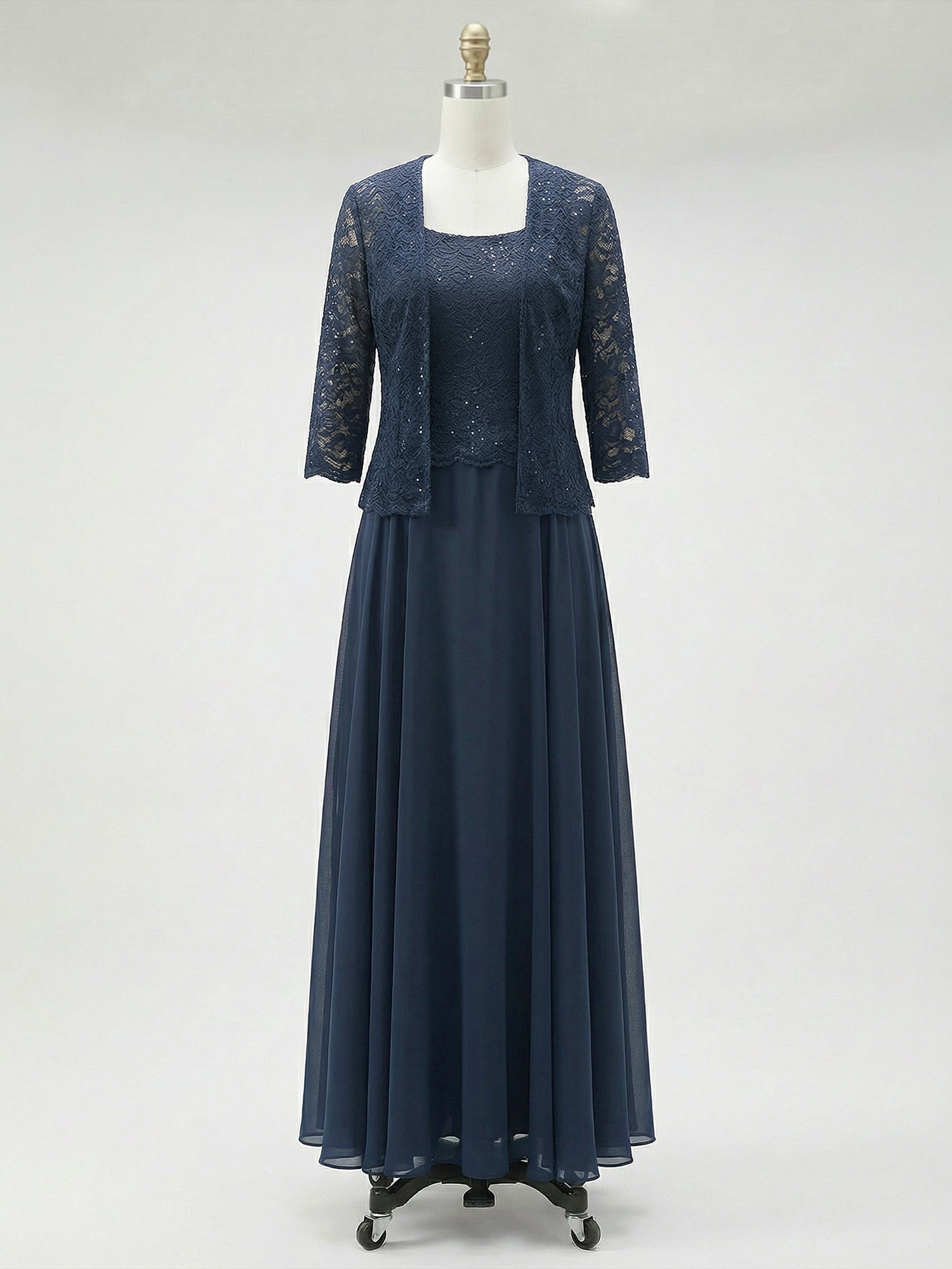 Vestido de mãe da noiva longo em chiffon de renda, corte em linha A e decote quadrado com lantejoulas