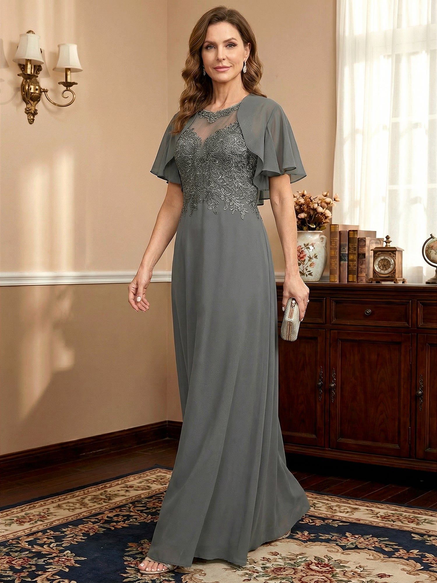A-Linien Rundhals Illusions-Bodenlanges Spitzen-Chiffon Mutter-der-Braut-Kleid mit Pailletten