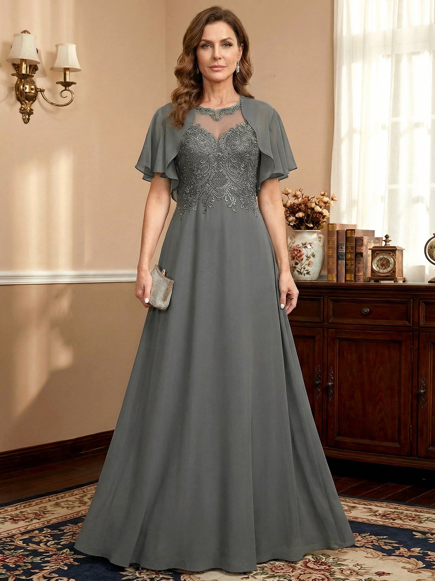 A-Linien Rundhals Illusions-Bodenlanges Spitzen-Chiffon Mutter-der-Braut-Kleid mit Pailletten