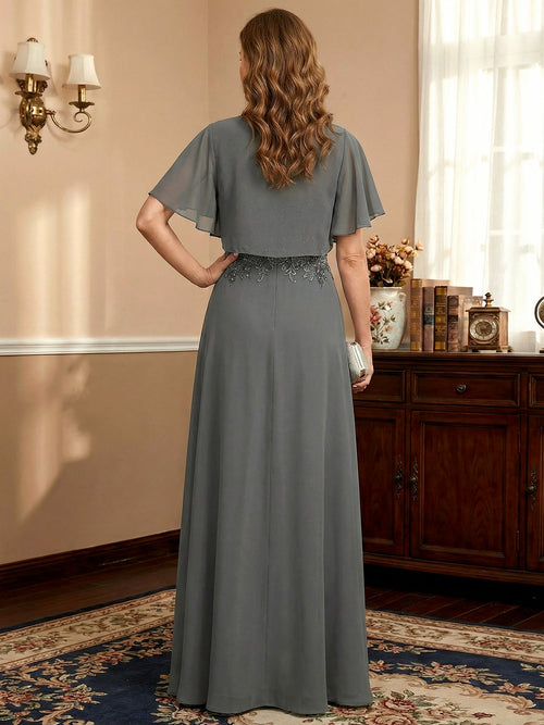 Robe de mère de la mariée en dentelle et mousseline de soie, ligne A, illusion décolleté rond, longueur au sol avec sequins