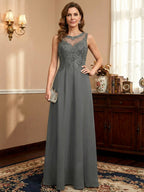 Vestido de mãe da noiva em chiffon e renda com ilusão decote redondo, em linha A, comprimento até o chão com lantejoulas
