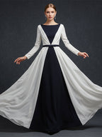 Elegant Formal Evening Work Black White Dress Pleated Simple V-Neck Maxi Dress