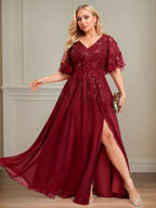 A-line V-Neck Floor-Length Lace Chiffon Evening Dress With Sequins