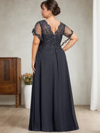 A-Linien V-Ausschnitt Bodenlanges Spitzen-Chiffon Kleid für die Brautmutter mit Pailletten