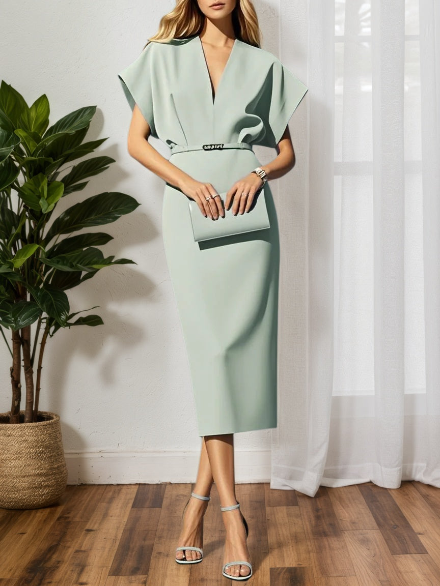 Robe midi classique bleu clair à encolure en V, manches courtes dolman