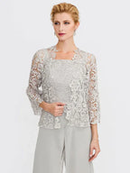 3 Piece Chiffon Square Neck Mother of the Bride Pantsuits with Jacket