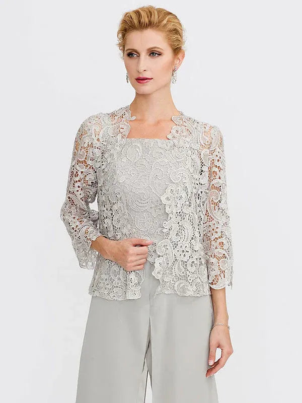3 Piece Chiffon Square Neck Mother of the Bride Pantsuits with Jacket