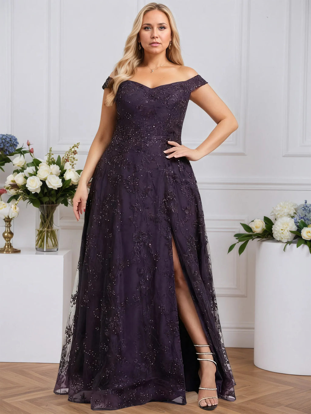A-line Off the Shoulder Floor-Length Sequin Lace Evening Dress