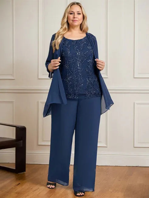 Conjunto separado mono/pantalón con escote redondo, encaje y gasa largo hasta el suelo para madre de la novia con lentejuelas