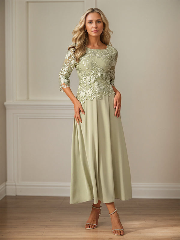 Robe mère de la mariée maxi en dentelle froncée ligne A col rond à volants