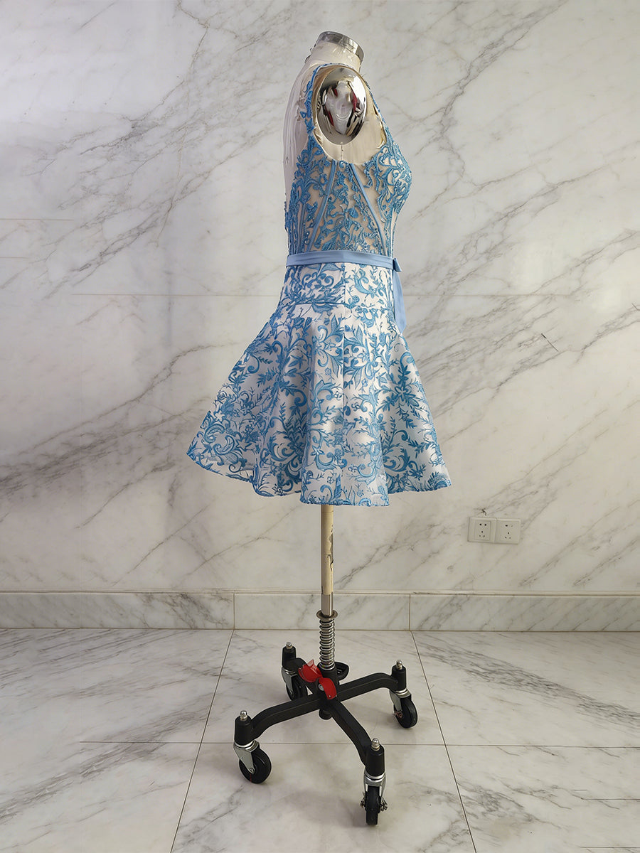 Vestido corto línea A floral con corsé y lazo para fiesta de regreso a casa con estampado azul