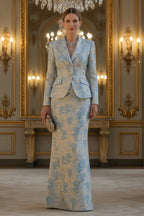 Elegant Floral Jacquard Blazer and Floor Length Skirt Set