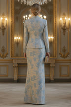 Elegant Floral Jacquard Blazer and Floor Length Skirt Set