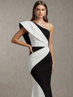 Party-Ein-Schulter formelles Kleid, schwarz-weiß, Maxikleid
