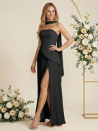 Abito lungo da damigella d'onore in chiffon a pieghe, senza spalline e linea a trapezio per donna