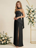 Abito lungo da damigella d'onore in chiffon a pieghe, senza spalline e linea a trapezio per donna
