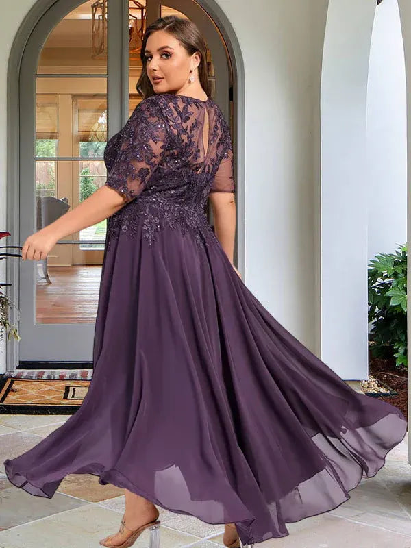 A-Linien Scoop-Ausschnitt Illusion asymmetrisches Chiffon-Spitzen-Mutter-der-Braut-Kleid mit Pailletten