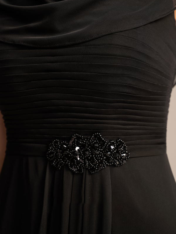 Vestido de madre de la novia línea A con escote redondo, largo hasta el suelo, de gasa con plisados y cuentas