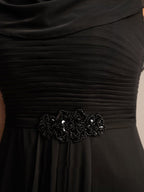 Vestido de madre de la novia línea A con escote redondo, largo hasta el suelo, de gasa con plisados y cuentas