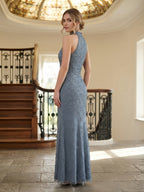 Dusty Blue High-Neck Beaded Halter Evening Dress