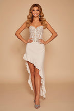 Lace Bustier High-Low Dress with Ruffled Trim Detail
