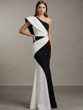 Party-Ein-Schulter formelles Kleid, schwarz-weiß, Maxikleid