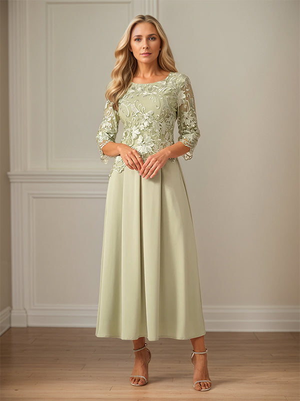 Robe mère de la mariée maxi en dentelle froncée ligne A col rond à volants