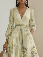 White Pleated Chiffon V Neck Floral Long Sleeve Balloon Sleeve A-Line Maxi Dress