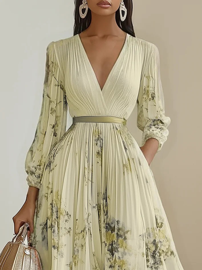 White Pleated Chiffon V Neck Floral Long Sleeve Balloon Sleeve A-Line Maxi Dress