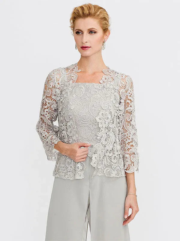 3 Piece Chiffon Square Neck Mother of the Bride Pantsuits with Jacket