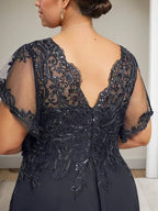 A-Linien V-Ausschnitt Bodenlanges Spitzen-Chiffon Kleid für die Brautmutter mit Pailletten