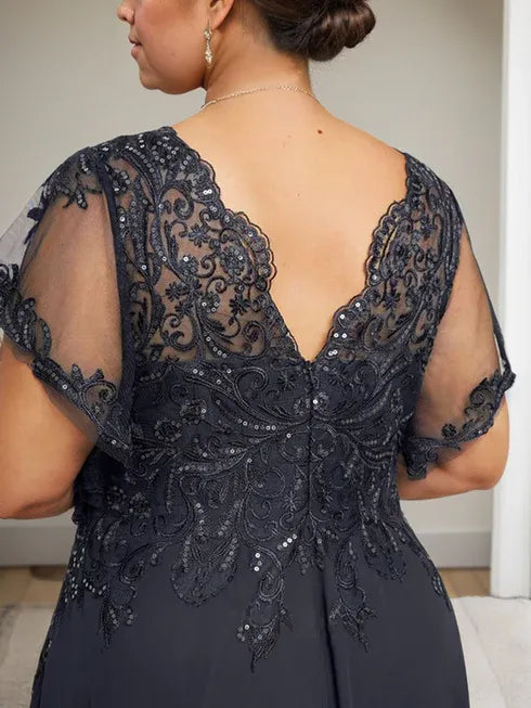 A-Linien V-Ausschnitt Bodenlanges Spitzen-Chiffon Kleid für die Brautmutter mit Pailletten