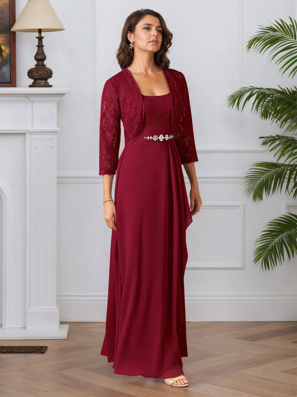 Abito da madre della sposa in chiffon con pizzo, linea A e scollo quadrato