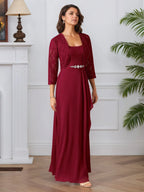 Abito da madre della sposa in chiffon con pizzo, linea A e scollo quadrato