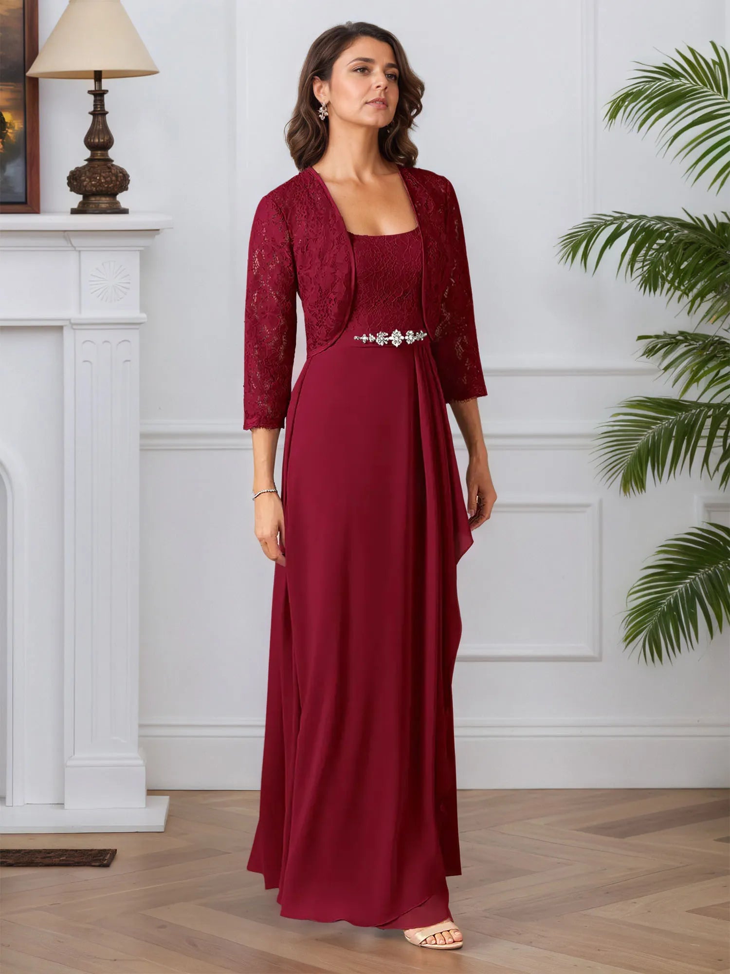 A-Linie Quadratischer Ausschnitt Spitzen-Chiffon Kleid für die Brautmutter