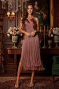 Halter Midi Dress with Crossed Pleated Bodice and Long Fringe