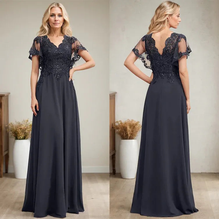 A-Linien V-Ausschnitt Bodenlanges Spitzen-Chiffon Kleid für die Brautmutter mit Pailletten