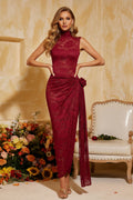High-Neck Floral Lace Sleeveless Maxi Dress with Draped Detail