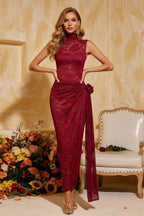 High-Neck Floral Lace Sleeveless Maxi Dress with Draped Detail