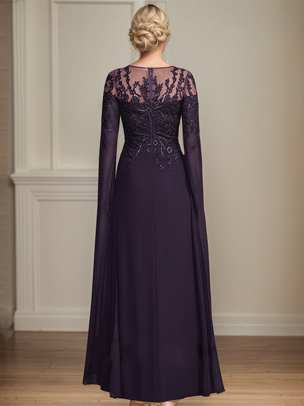 Etui/Säulen Kleid mit Rundhalsausschnitt, 1/2-Arm, bodenlang, Spitze und Chiffon, Mutter der Braut Kleid mit Pailletten