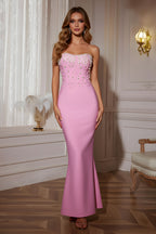 Strapless Pearl Embellished Corset Style Maxi Mermaid Evening Dress