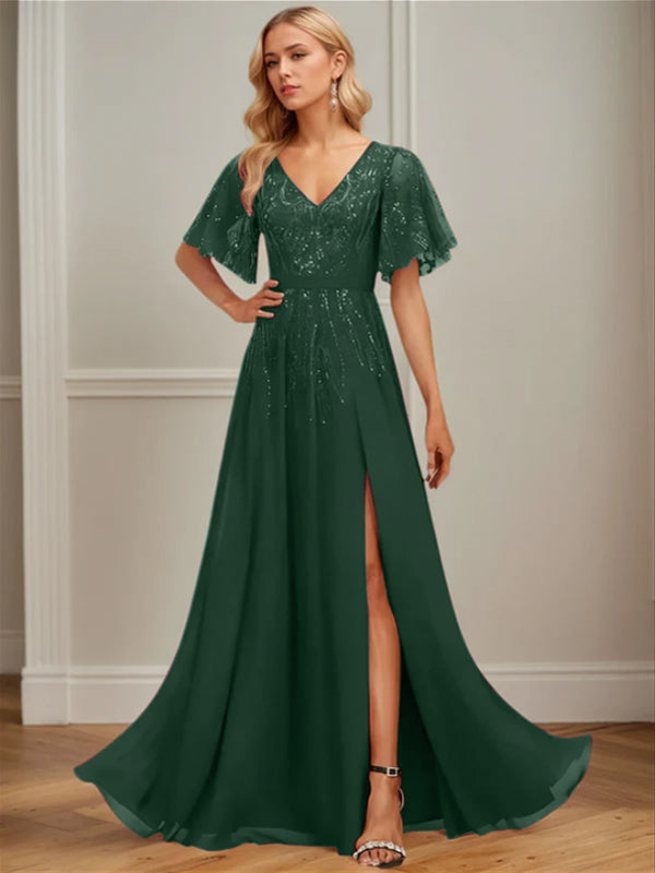A-line V-Neck Floor-Length Lace Chiffon Evening Dress With Sequins
