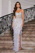Strapless Rhinestone Corset Bodice Feather Hem Evening Gown