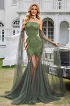 Strapless Crystal Embellished Corset Bodice Sheer Tulle Mermaid Gown