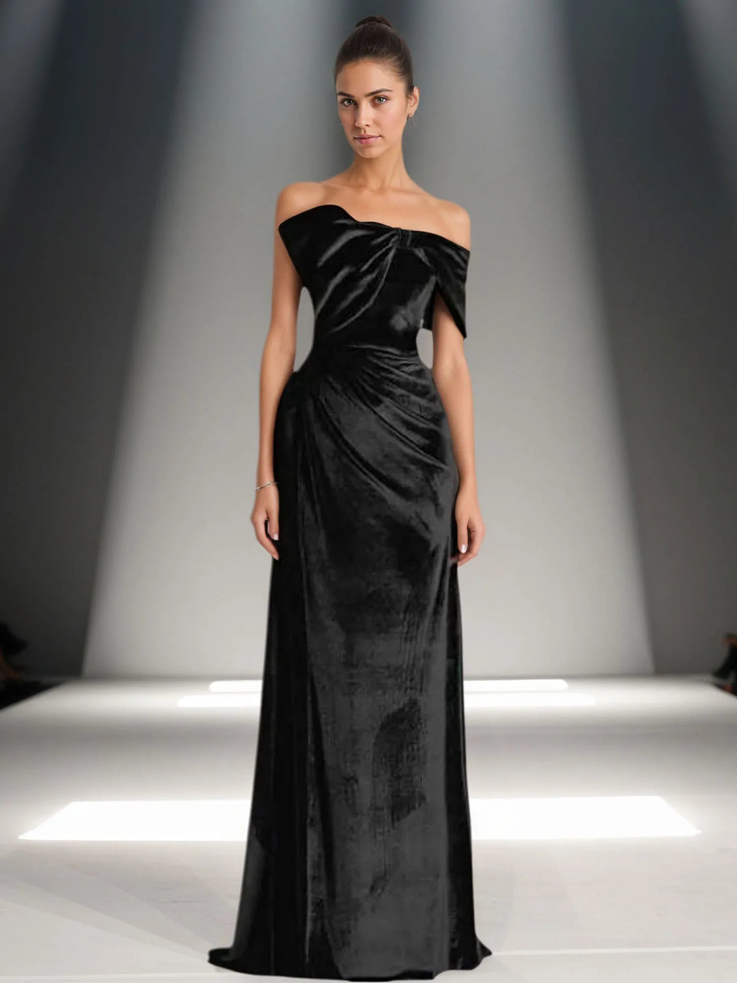 Off-Shoulder Bowknot Detail Velvet Maxi Gown Formal Evening Dress