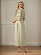 Robe mère de la mariée maxi en dentelle froncée ligne A col rond à volants