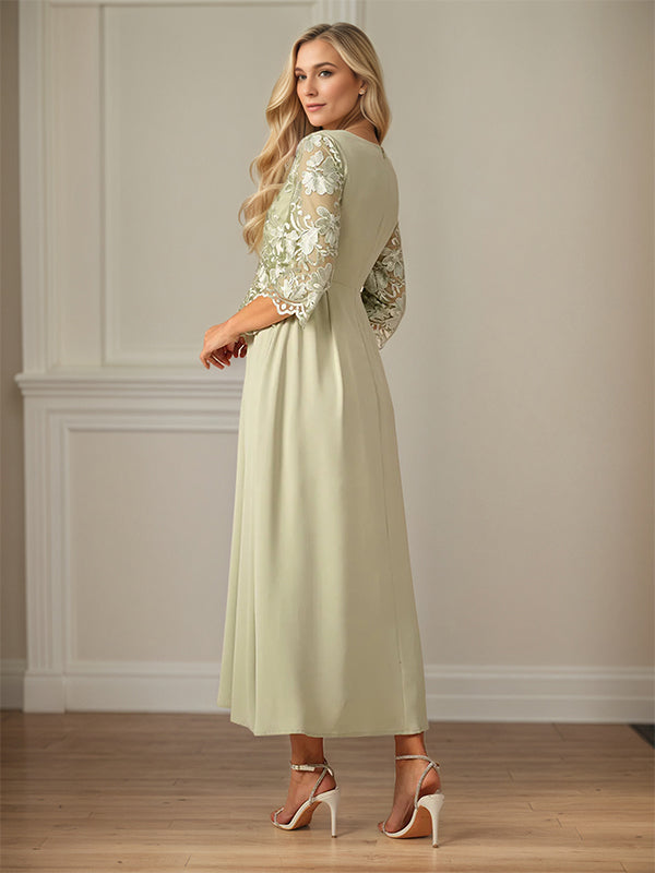 Robe mère de la mariée maxi en dentelle froncée ligne A col rond à volants