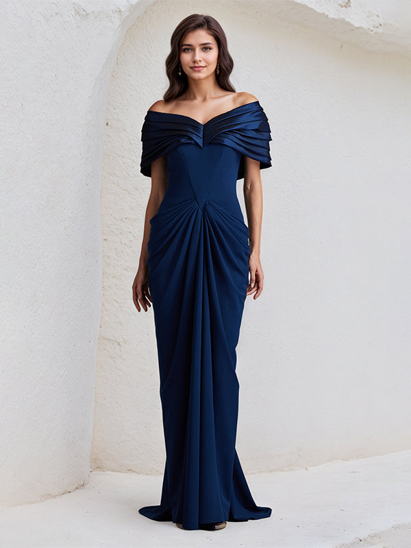 Königsblaues eng anliegendes/Schlauchkleid, schulterfrei, bodenlang, dehnbarer Kreppstoff